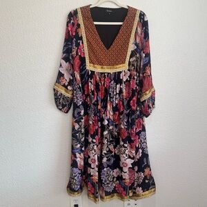 RD+ Koko Anthropologie Trimmed Peasant Dress Womens XS Dark Floral Patchwork